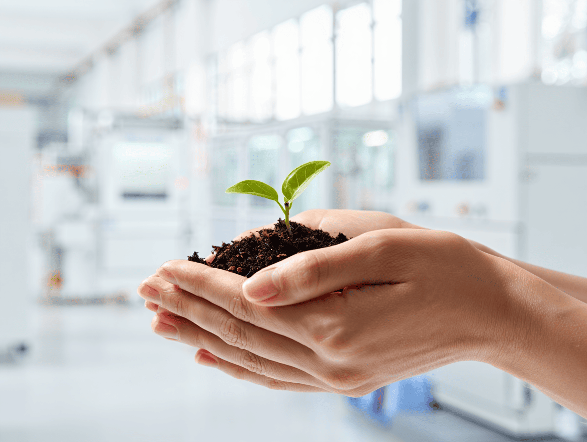 Main tenant une pousse verte dans une usine propre